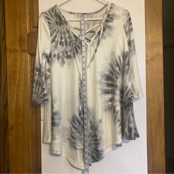Gray Asymmetrical Tie Front 3/4 Sleeve Blouse - Picture 1 of 4